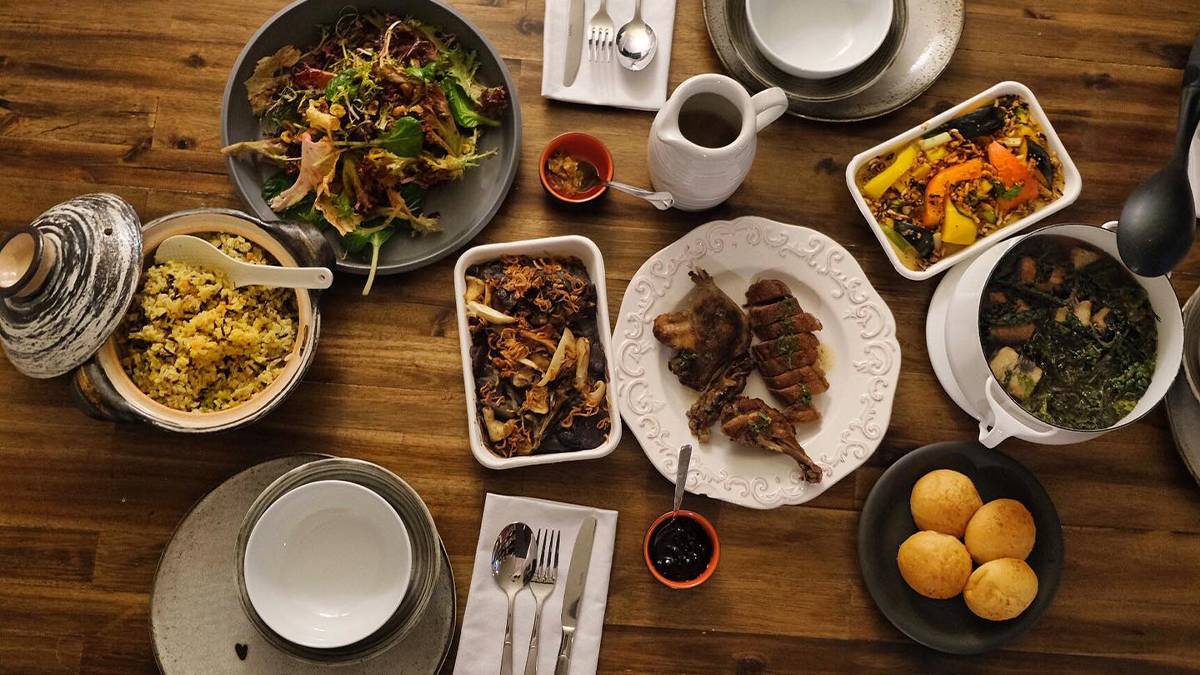View looking down on a table full of food from Archipelago in Seattle, Washington, USA